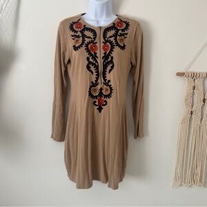 Vintage Ritu Kumar Tan Long Sleeve Boho Dress Red and Black Embroidered Size 4